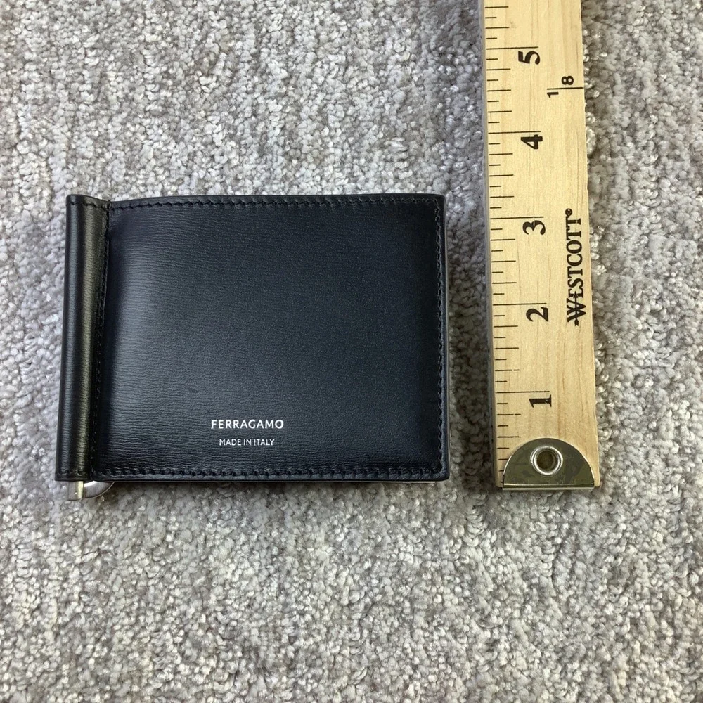 Salvatore Ferragamo Mens Nero Calf Leather Bifold Money Clip Wallet New